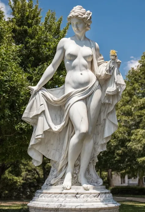 ( high detail marble statue on low pedestal of  nacked  woman hands over small round chest :1.9) @alexmd looking at camera , leg bent [smile : short smile: 0.9] full size view on summer park