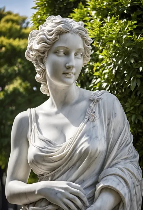 ( high detail marble statue on low pedestal of  nacked  woman hands over small round chest :1.9) @alexmd looking at camera , leg bent [smile : short smile: 0.9] full size view on summer park