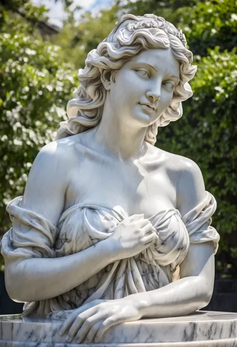 ( high detail marble statue on low pedestal of  nacked  woman hands over small round chest :1.9) @alexmd looking at camera , leg bent [smile : short smile: 0.9] full size view on summer park