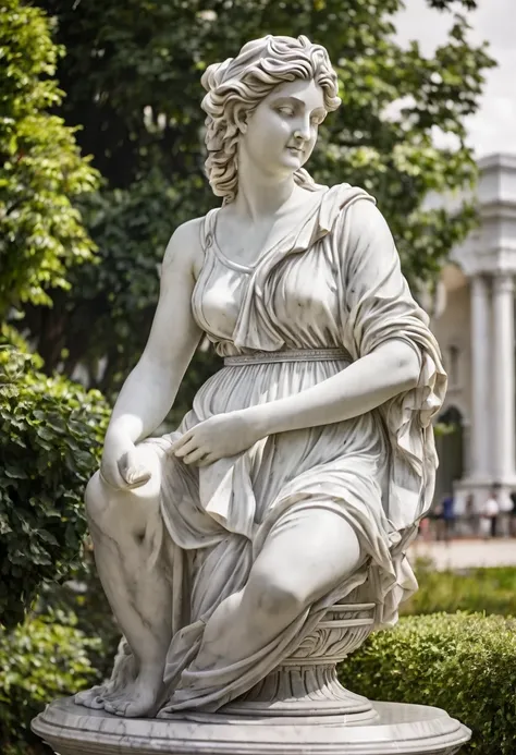 ( high detail marble statue on low pedestal of  nacked  woman hands over small round chest :1.9) @alexmd looking at camera , leg bent [smile : short smile: 0.9] full size view on summer park