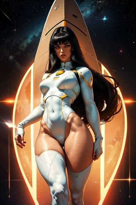 Best quality, 8K, woman space retro futurism, beautiful and detailed face, black straight long hair, bangs,big eyelashes,LOOKING TO observer,TRANSPARENT white leotard,LIGHT TAN pantyhose, sci-fi RETRO SPACESHIP scenario