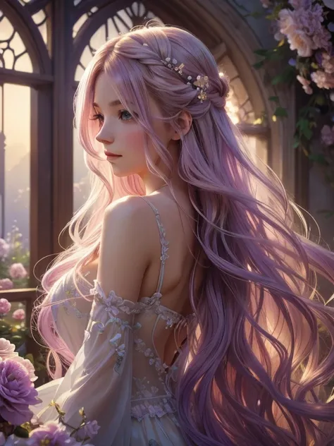 soft lighting, dreamy atmosphere, ethereal aesthetic, fantasy theme, nature elements, floral background, delicate details, flowing hair,light-colored hair with purple tips, whimsical pose, vibrant colors, assassin