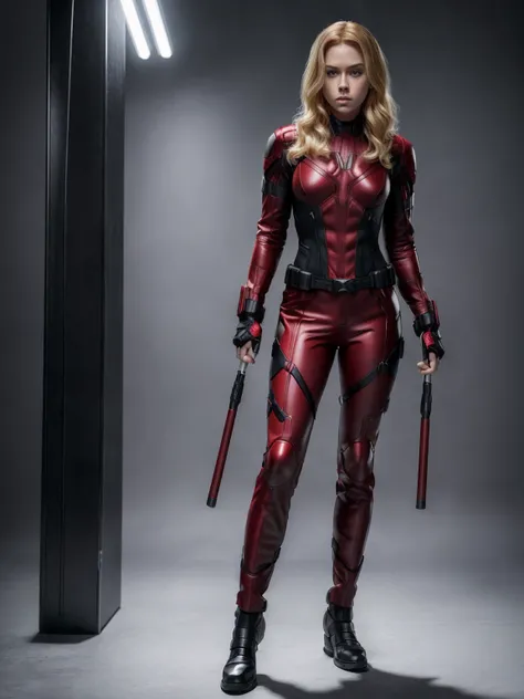 (((full body photo)))woman daredevil from TV show (black widow), fine detail, blonde hair, 21 year old American female, 8k, photo realistic,  perfect detailed anatomy, perfect detailed face, perfect details, eyes, octane rendering, 8k, masterpiece, maximum...