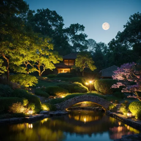 a beautiful girl in a moonlit garden, standing gracefully on a delicate moonbeam bridge. her eyes, mesmerizing and luminous, ref...