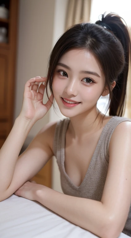 table top, highest quality, shape, Super detailed, finely, High resolution, 8k wallpaper, 完璧なダイナミックな構shape, beautiful and detailed eyes, trendy women winter fashion,ponytail,small breasts natural color lip, sexy pose,smile,Harajuku、20 year old girl、sexy lo...