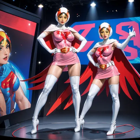 ANI_CLASSIC_jun_gatchaman_ownwaifu,1girl, 15yo,good anatomy, masterpiece, best quality,realistic, hyper realistic, 16k hdr, long hair,breasts,lips,large breasts,lipstick,makeup,gloves,cape,helmet,belt,elbow gloves,white gloves,mask,ultra miniskirt,leotard,...