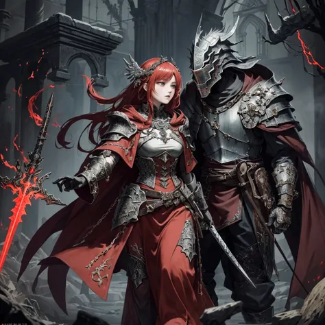 (masterpiece, top quality, best quality, official art, anime digital style inspired by Dark Souls:1.2), (1ancient anthropomorphic goddess warrior), intricately detailed, blood-red hooded cloak, armored with rusted, bloody plates and chains, wielding a brok...