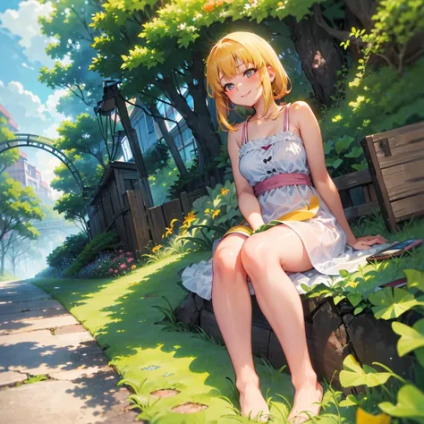 Vacation time approaches, as the spring summer season begins to bloom. The gingko trees lining the streets come to life, their green leaves cascading gently in the soft breeze. A serene scene of relaxation, as one girl basks in the sun, wearing a sundress ...