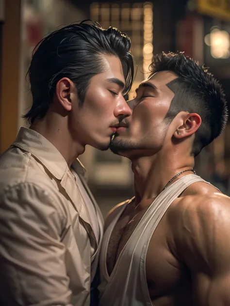 masterpiece, Best Quality, two men, handsome athletic well-dressed 30 year old japanese mafia gangster Man hugging a muscular 30 year old muscular taiwanese hawker man, directly staring at each other romantically, hands stroking face, gentle smile, soft ha...