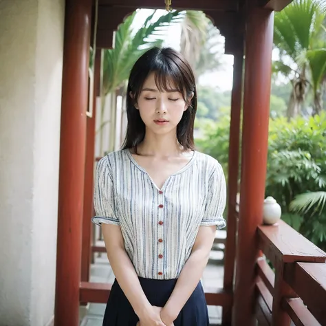 ((highest quality、8K、masterpiece:1.3))、Photoreal, sharp focus, High level image quality, High resolution, portrait, alone, japanese woman, Beautiful woman,  short sleeve blouse、skirt、33 years old, semi-long、serious face、(((close your eyes、Bring both palms ...