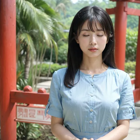 ((highest quality、8K、masterpiece:1.3))、Photoreal, sharp focus, High level image quality, High resolution, portrait, alone, japanese woman, Beautiful woman,  short sleeve blouse、skirt、33 years old, semi-long、serious face、(((close your eyes、Bring both palms ...