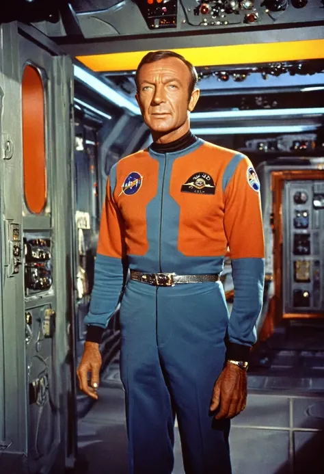 (((INNER IMAGE of a spaceship))) Internal image of an old starship from a 1960s TV series, Lost in Space, Republic series, Irwin Allen TV Show, science fiction, Star style colorful uniforms Trek and Lost in Space, retro look, Vintage, old style, PERFECT FA...