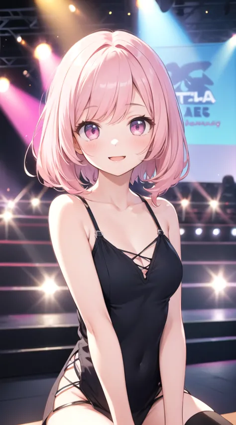 masterpiece, best quality, 1 girl, light pink hair, light pink eyes, cute girl, happy, looking at the audience