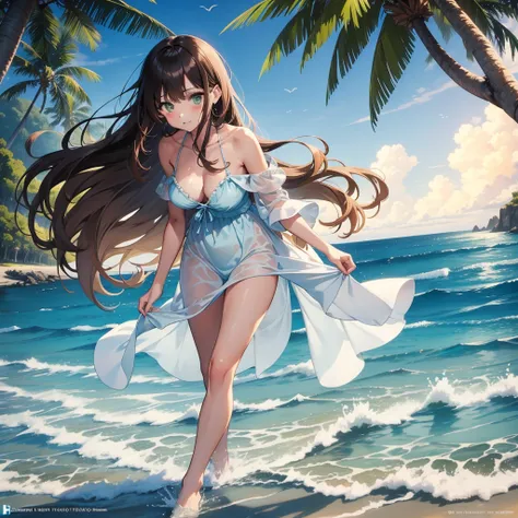 Masterpiece of a vacation scene in spring-summer, with the sea twig blue waters stretching out as far as the eye can see. The sun is setting, casting a warm, golden glow over the scene. A pretty woman with long, wavy brown hair and beautiful green eyes is ...