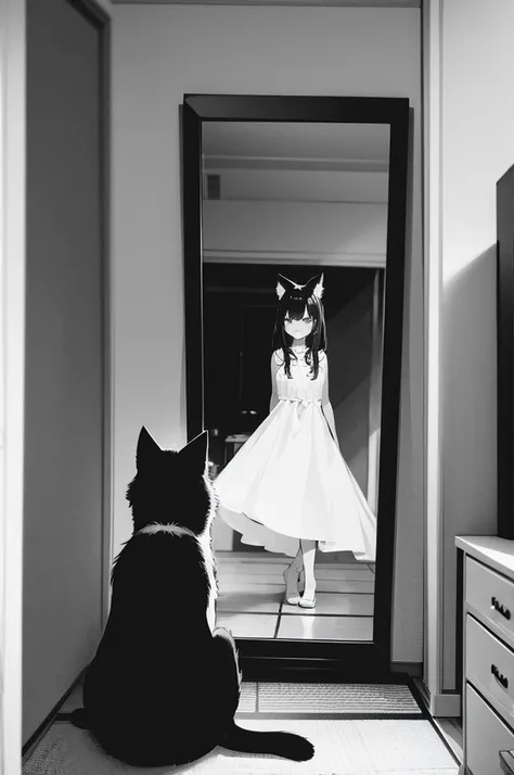 an adorable black and white cat hisses and paws at its reflection in a floor length mirror in a bedroom