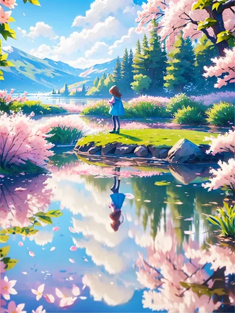 spring scenery and girl reflected on the lake surface