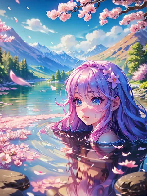 best quality,4k,8k,highres,masterpiece:1.2,ultra-detailed,realistic:1.37,spring scenery and girl reflected on the lake surface,b...