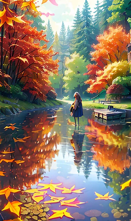 (best quality,4k,8k,high resolution,masterpiece:1.2),super detailed,actual,autumn scenery,girl reflected in the lake,colorful le...