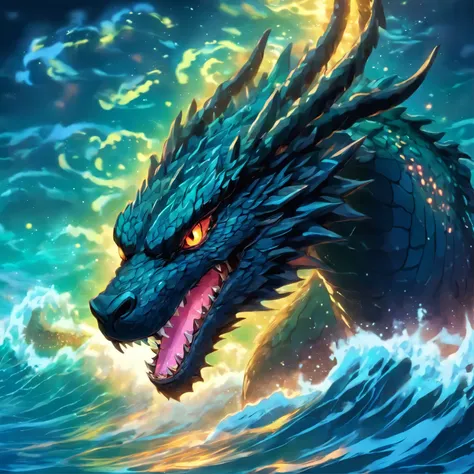 a painting of a black dragon swimming in the ocean at night during a storm, sea serpent, serpentine water monster, scylla and charybdis, water dragon, river otter dragon, sea monster, dragon vore art, by Patrick Brown, scary sea monster, by Howard Lyon, am...