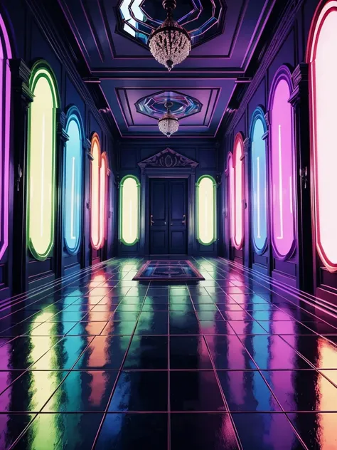 A room of mirrors, intricately reflecting rainbow-colored light,