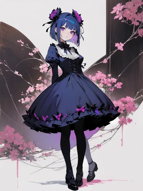 purple eyes,big tits,girl,blue hair,blue clothes,gothic lolita,bob cut,high-quality,full-length portrait or painting,Pink geranium flower hair ornament,black shoes, black tights, standing,panty hose