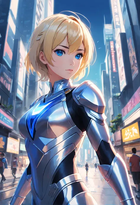 1female,blonde hair,blue eyes Silver Ranger, silverarmor, Silver Power Ranger, Black stripes, metallic clothes,Ultra HD, photo realism,futuristic city background, depth of field,ultra-detailed,sharp focus,aesthetic,(best quality)