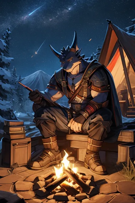 alone, kemono, (dragon), anthro, male, ((black body)), Libra, tail, muscle, good looking, Medieval, fantasy, 屋outside, outside, dark, night, forest, campfire, camp, performer, sitting, foot nail, amazing, Depth of the bounds written, perfect lighting, (par...