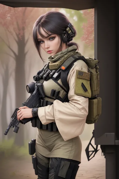 (best quality, highres:1.2), ultra-detailed, realistic, real life, portrait, vibrant colors, soft lighting, peaceful atmosphere, beautiful surroundings, costume, feminine energy, captivating gaze, special ops, black tactical outfit, bulletproof pants, snip...