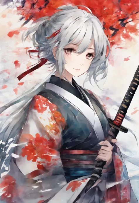 masterpiece, highest quality, 1 girl, samurai, Touken Ranbu style, watercolor painting,