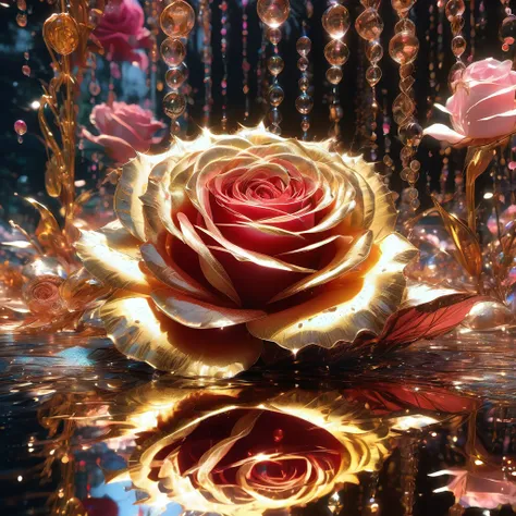 Reflection, aesthetic, extremely detailed, A rose reflecting in a puddle, rain sparkles, a breathtaking masterpiece fantasycore artwork by Android Jones, Rembrandt lighting, Jean Baptiste monge, Alberto Seveso, Erin Hanson, Jeremy Mann. maximalist highly d...