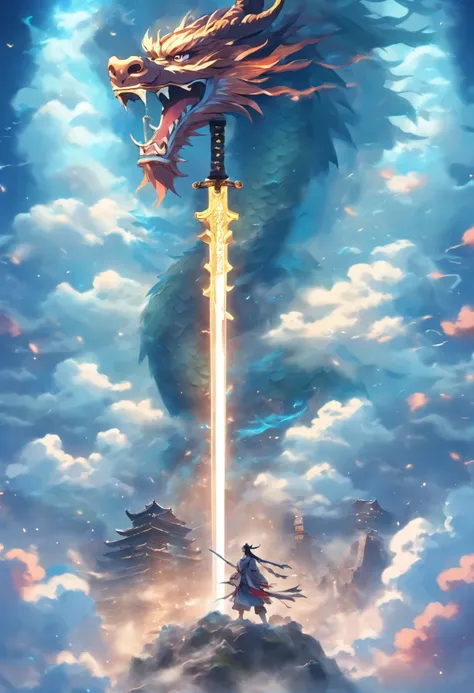 The ancient giant sword is suspended above the mysterious sea of clouds：A giant sword with a faint blue light，The sword is engraved with ancient runes，It seems that every rune contains the power of heaven and earth。The sword is wide，The sword is extremely ...