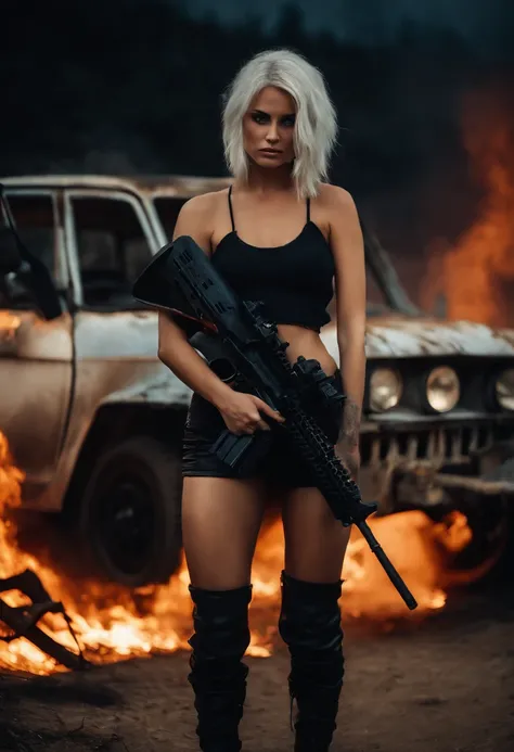 (best quality,realistic),naked girl in a short skirt, black boots, white hair, blue eyes, holding a big machine gun, standing near a burning car, the girls skin is slightly dirty, dramatic lighting, gritty textures, intense atmosphere