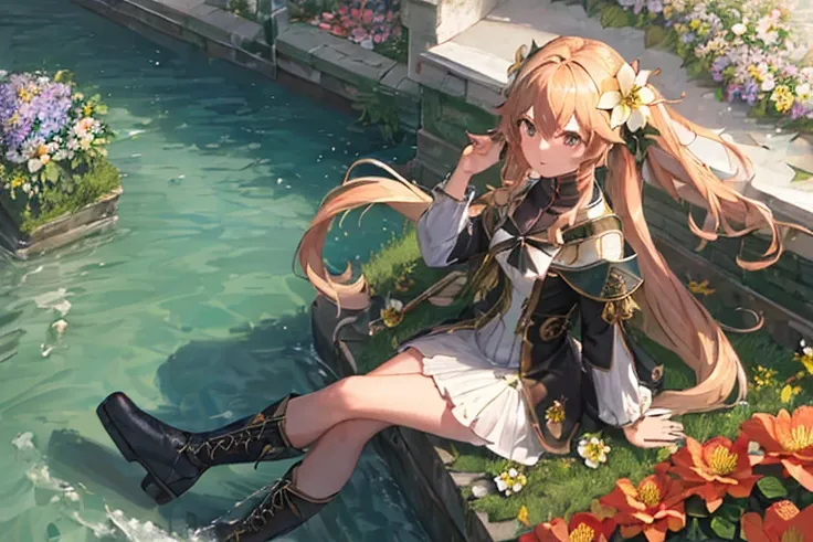 (masterpiece,best quality,ultra detailed:1.2),
Beautiful scenery like Venice, Italy,
from above, hair waving in the wind, 
A beautiful girl with blond twin-tail hair wearing boots is sitting,
(flower effect:1.4),