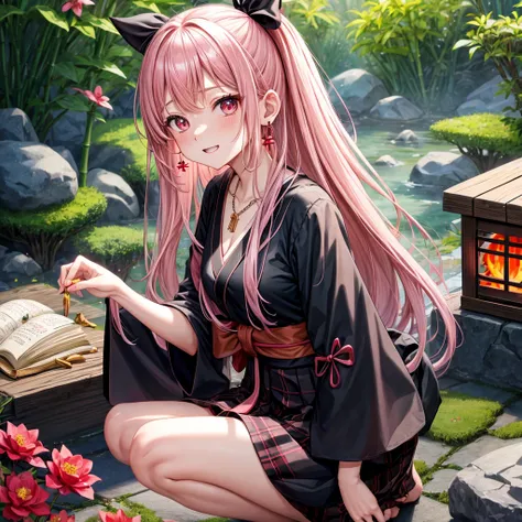 pink black blonde、red eyes、one good looking girl、solo、anime、plaid mini skirt、black camisole、black t-shirt、kimono、wearing a ribbon、ribbon at waist、stone slabs are piled up、crystal earrings、jewelry necklace、Light and shadow、clock、universe、vine plant、petal、ti...