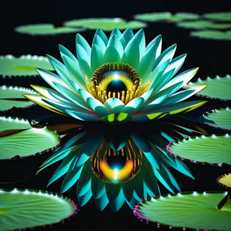 surreal reflective art of a night scene, water lily cushioning an alien creature with immense eyes, eyes casting a hyperreal cos...