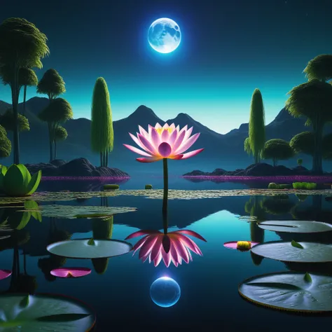 Surreal reflective art depicting a night-time scene, water lily harboring an alien entity with disproportionately large eyes on its surface, eyes mirroring a hyperreal cosmic vista, double exposures enhancing the mirrored surface of the lake, 32k resolutio...