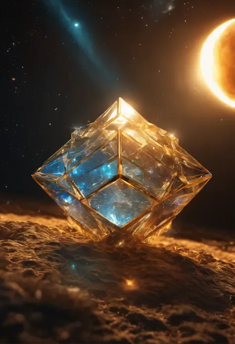 (best quality,high resolution:1.2),Vision,huge hypercube，There are crystals inside,Golden nanoswarms flying around,actual,Detailed crystal structure,Brilliant gold reflected in the sun,Various colors、dazzled,Sci-fi inspiration,spectacular lights,Colorful f...