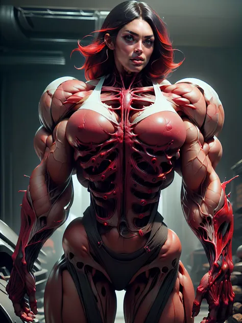 (1 girl), (megan fox:1.25),  (long red hair), (carnage skinless physique:1.25), (1 super muscular undead skinless succubus with gigantic horns:1.25), (covered in red necrotic rotting skinless muscle:1.25), (exposed muscles & veins everywhere:1.25), (perfec...