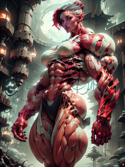 (1 girl), (megan fox:1.25), (long red hair), (carnage skinless physique:1.25), (1 super muscular undead skinless succubus with gigantic horns:1.25), (covered in red necrotic rotting skinless muscle:1.25), (exposed muscles & veins everywhere:1.25), (perfect...