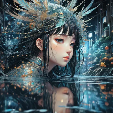 Reflection, aesthetic, extremely detailed, Reflection of Tsutomu Nihei, Anime, fantasy illustration, award winning, intricate details, realistic, Hyperdetailed, 8k resolution, symmetrical, strong strokes