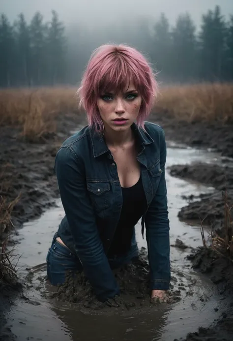 (Best Quality,hight resolution,Masterpiece, Overhead view:1.20),Ultra-detailed,The woman,Wide flares on jeans,sickly,drowning in a swamp,standingn:1.2, fetish, Posing, overcomes shame:1.3, (at the bottom of a mud pit:1.3),gloomy ecstasy,fetish,dark gloomy ...