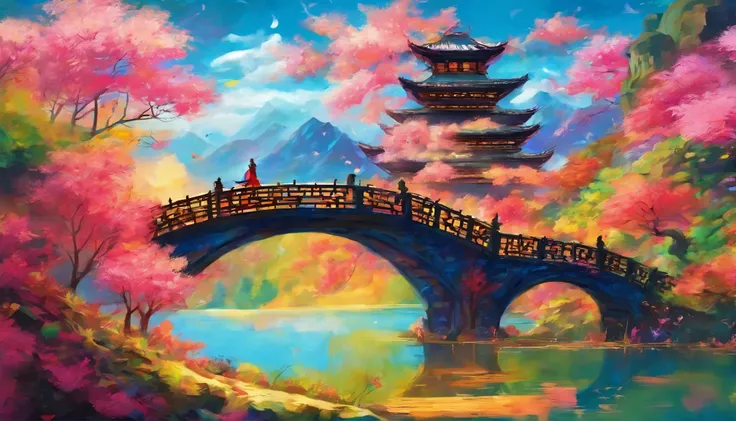 masterpiece, 动漫Chinese arch bridge跨过河流的水体, bright starry sky. Chinese arch bridge, Xin Haicheng的图片, Colorful and bright，high saturation，high contrast, concept art, Lofi Art style, （（reflection））. author：Xin Haicheng, Lofi Art, beautiful anime scene, anime ...