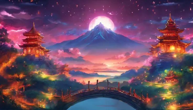 masterpiece, 动漫Chinese arch bridge跨过河流的水体, bright starry sky. Chinese arch bridge, Xin Haicheng的图片, Colorful and bright，high saturation，high contrast, concept art, Lofi Art style, （（reflection））. author：Xin Haicheng, Lofi Art, beautiful anime scene, anime ...