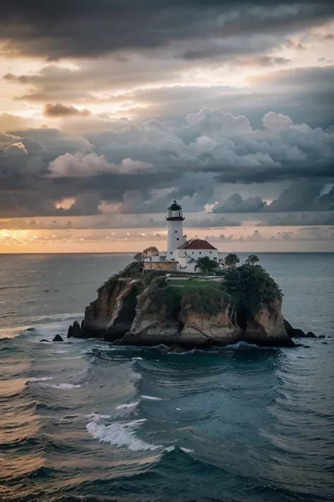 1 farol de navios em cima de uma pequena e rochosa ilha, no Brasil. em um dia de mar revolto, iluminando o horizonte com seu feixe de luz, cloudy sky and the sunset on the horizon amidst heavy clouds, melhor qualidade, Papel de parede 8k, imagem horizontal...