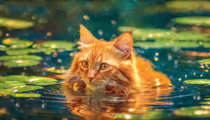 Q version little orange cat, water，reflection，reflection，Silly cute, Look at me, luxurious, surreal, Super fine, 16K resolution, masterpiece, macro lens,