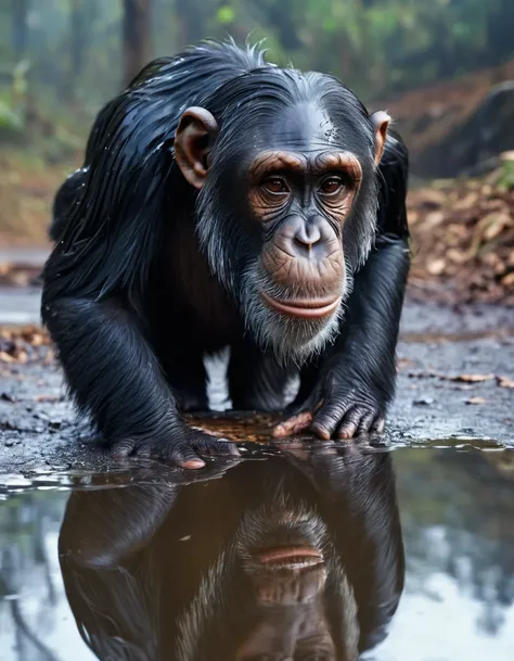 4k quality, a chimpanzee looks into a puddle, the reflection in the puddle shows a man in a suit, very detailed, emotional image, vivid colors, lots of details