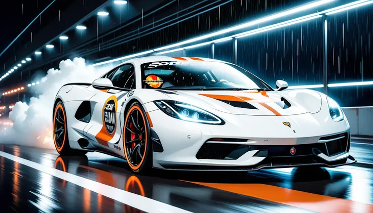 sense of awe and epic racing-car, car paint of black and orange colored, team sticker with a stingray-inspired design is affixed...