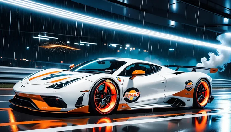 sense of awe and epic racing-car, car paint of black and orange colored, team sticker with a stingray-inspired design is affixed...