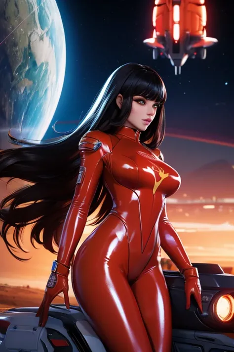 Best quality, 8K, woman space retro futurism, beautiful and detailed face, black straight long hair, bangs,big eyelashes,TRANSPARENT red LATEX leotard, metalic details, LIGHT TAN pantyhose, sheer gloves,sci-fi RETRO SPACESHIP scenario