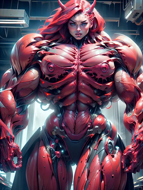 (1 girl), (megan fox:1.25), (long red hair), (carnage skinless physique:1.25), (1 super muscular undead skinless succubus with gigantic horns:1.25), (covered in red necrotic rotting skinless muscle:1.25), (exposed muscles & veins everywhere:1.25), (perfect...